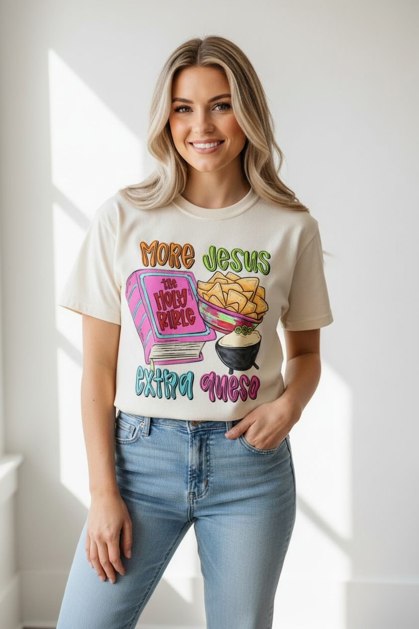 White t-shirt with colorful graphic design featuring a Bible, nachos, and queso, alongside a can of Dr Pepper on a patterned background.